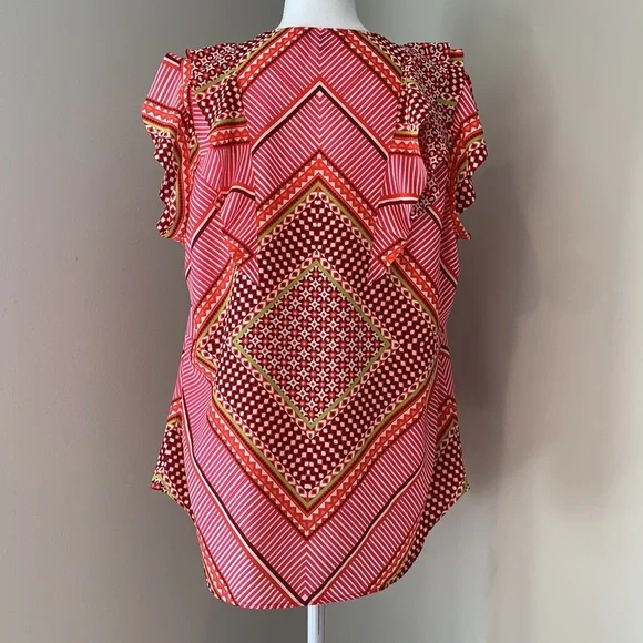 Banana Republic | Moroccan Tile Printed Ruffle Blouse | Pink Multi | XL - Picture 5 of 7